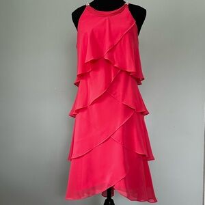 SL Fashions Coral Pink Tiered Chiffon Cocktail Dress Rhinestone Straps Size 8